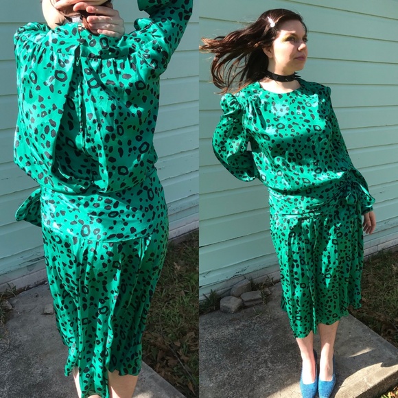 Jo Hanna York Dresses & Skirts - Vintage 80s Jo Hanna York Dress | Green Leopard Print Puff Sleeves | Size 14